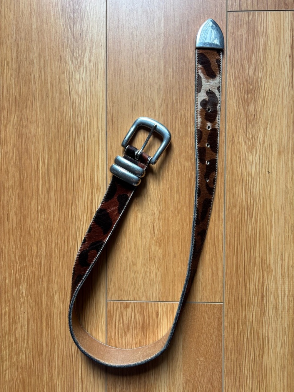 Leopard Print Haircalf Leather Belt with Silver Buckle